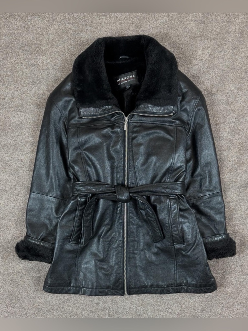 Vintage Wilsons Black Leather Belted Jacket Women’s Medium Faux Fur Trim 90s Y2K